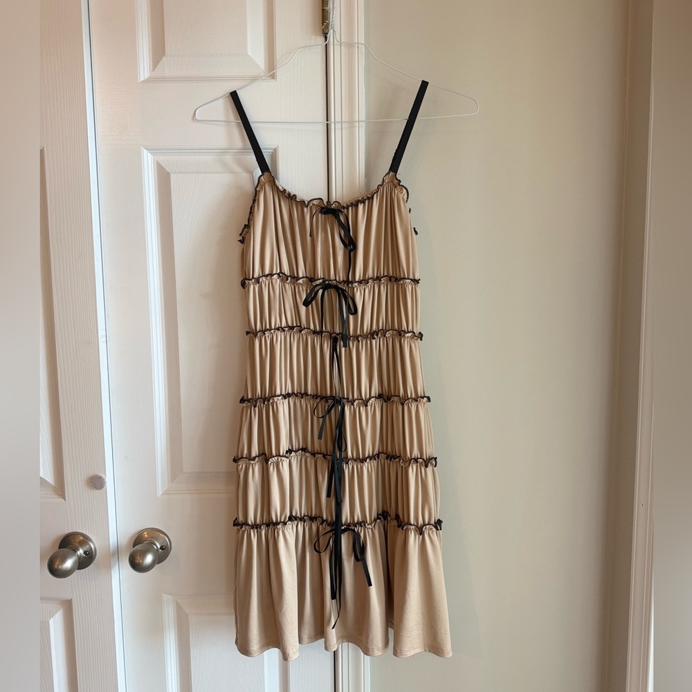 Y2K Almost Famous Beige Dress with Black Bow Accents